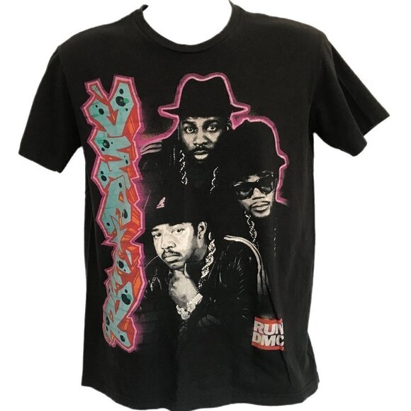 Run DMC Hip Hop Group Graphic T Shirt S Rap Music Black Short Sleeve 80s Repro - Picture 1 of 7